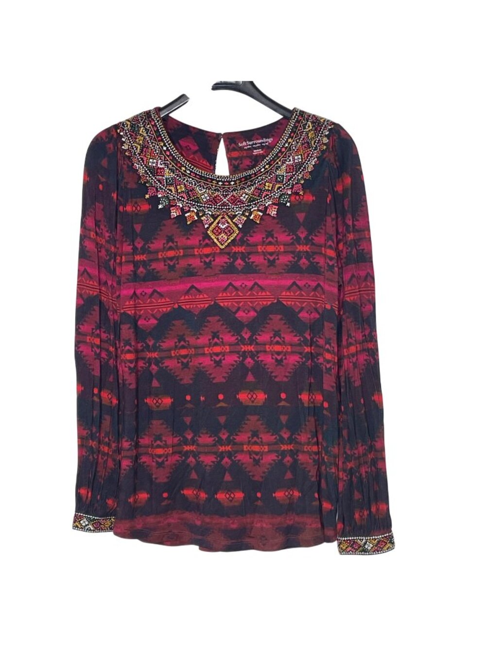 Soft Surroundings Beaded Aztec Tribal Top Sz MED Southwestern Boho‎ Stretch